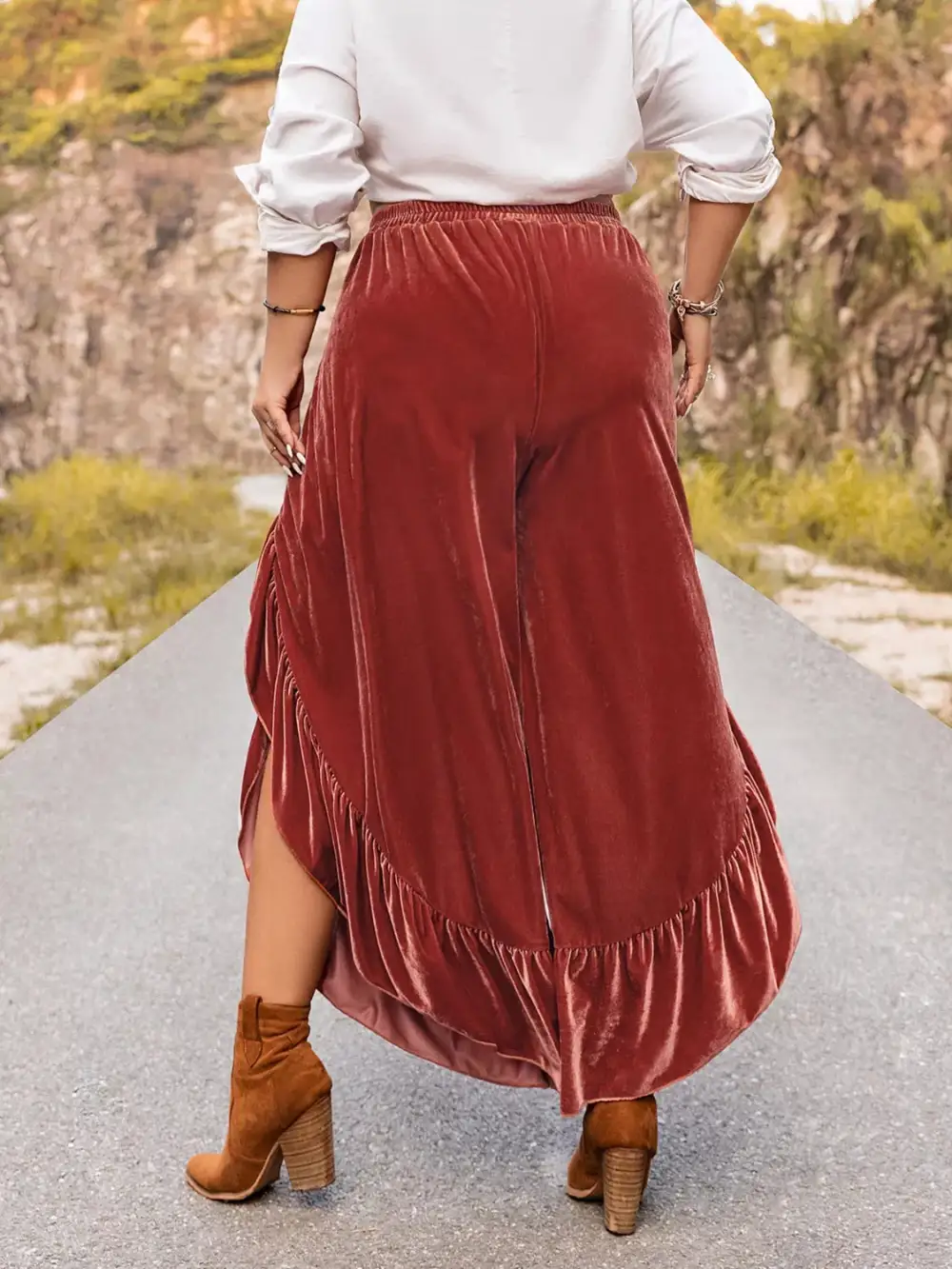 Relaxed Plus Size Velvet Ruffle Hem Wide Leg Pants