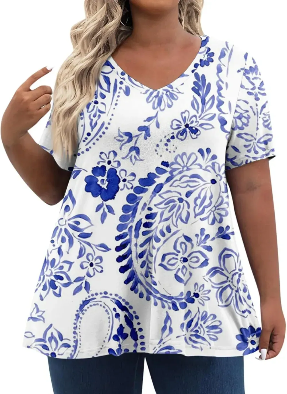 Plus Size Tops for Women Dressy Short Sleeve V Neck Shirts for Women Summer Tops for Women 2024 Floral Print Top