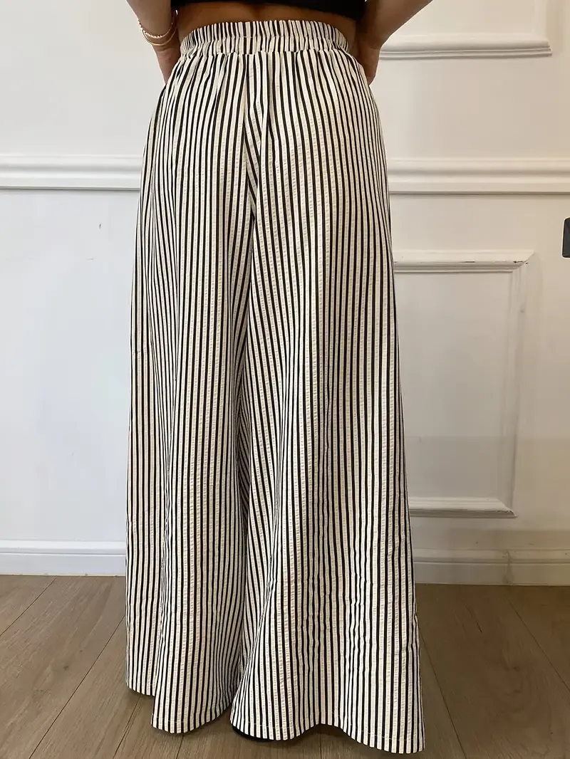 Women's Striped Wide Leg Pants with Elastic Waist - Casual Polyester, Machine Washable, High-Contrast Vertical Stripes, Comfortable All-Season Wear