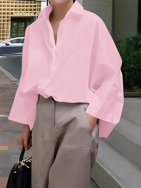 Womens Cotton Button Down Shirt Casual 3/4 Sleeve Loose Fit