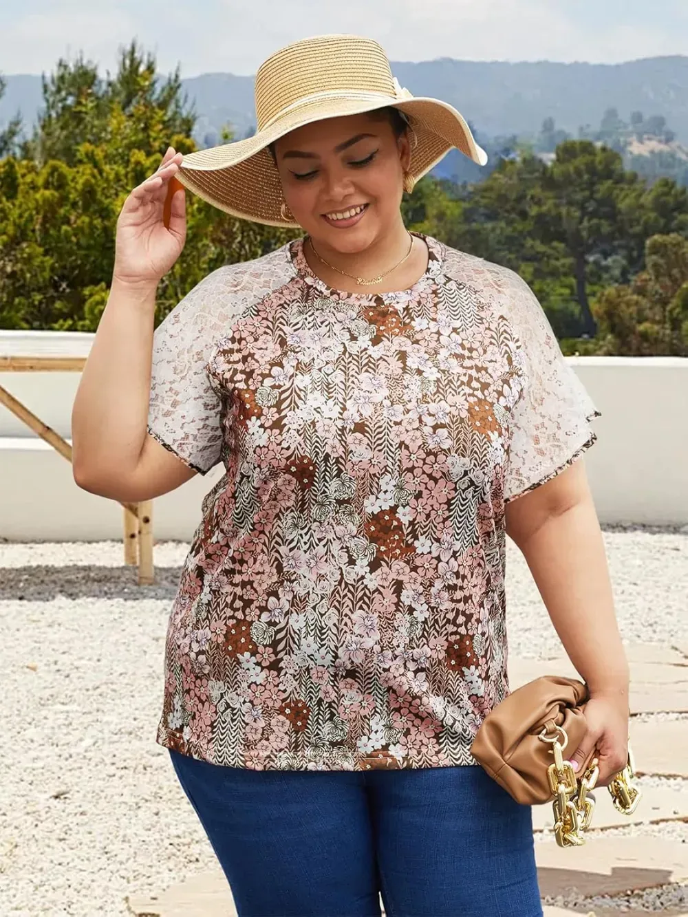 HDLTE Womens Plus Size Tops Floral Bell Sleeves Blouses Summer Crewneck Tunic Loose Casual T Shirts