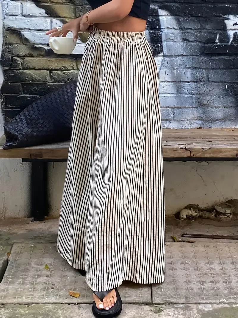 Women's Striped Wide Leg Pants with Elastic Waist - Casual Polyester, Machine Washable, High-Contrast Vertical Stripes, Comfortable All-Season Wear