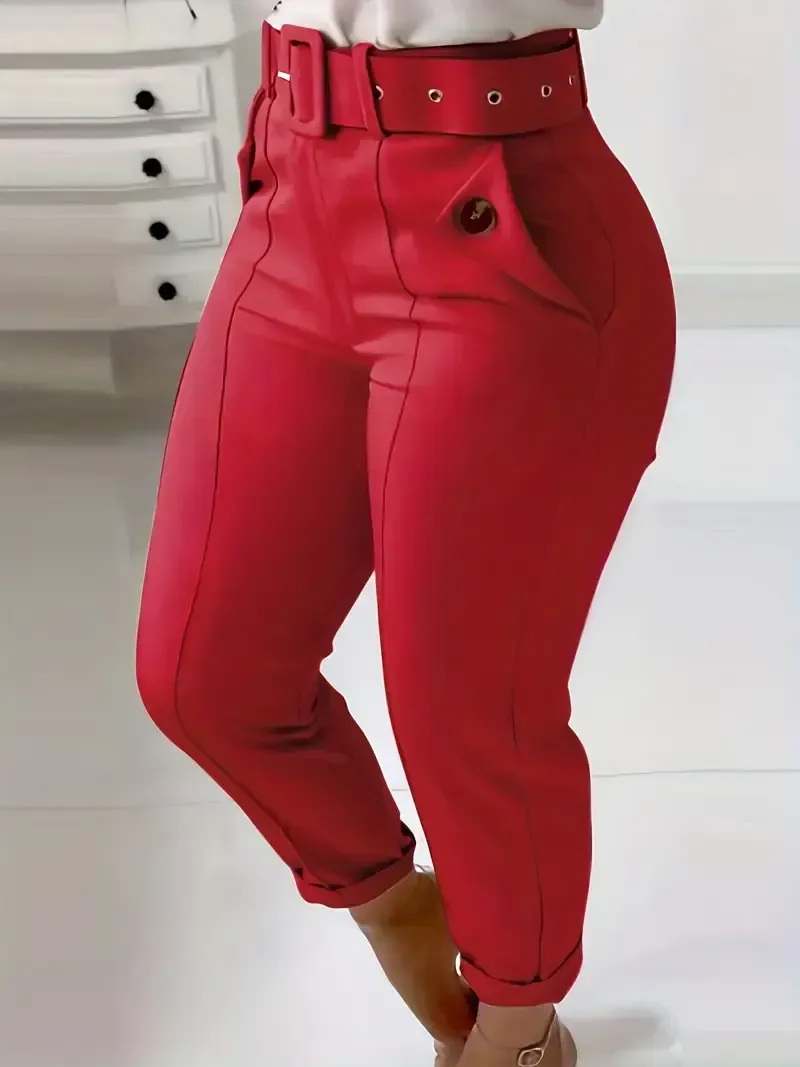Skinny Leggings Pants - Solid Belted, Slant Pocket Button, Casual Every Day - Women's Clothing