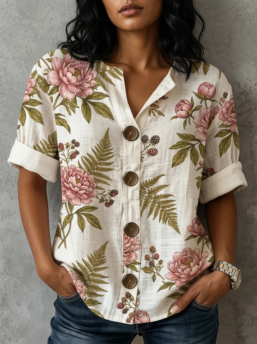 Women's Nashville Botanical Peony Fern Printed Button-Up Shirt