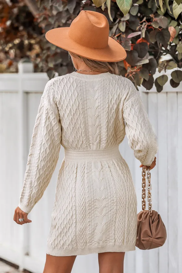 V-Neck Ribbed Cable Knit Sweater Dress