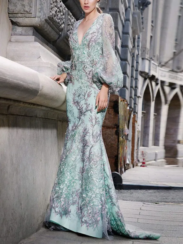 V-neck Printed Sheath Maxi Dress