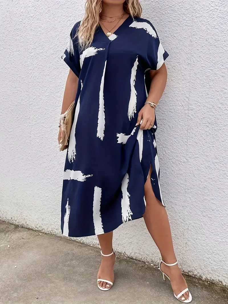 Women's Plus Size Brush Print Dress - Elegant Short Sleeve V Neck Dress For Spring & Summer - Suitable for Casual & Party Occasions - For Women