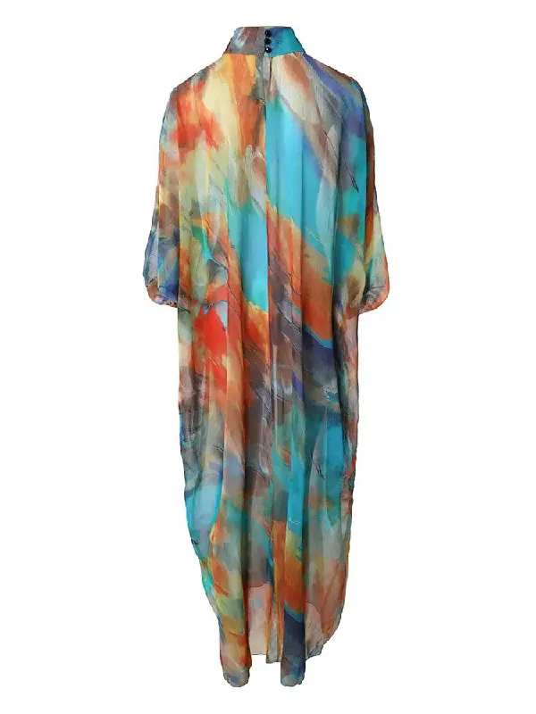 Vacation Batwing Sleeves Contrast Color Printed High-Neck Maxi Dresses