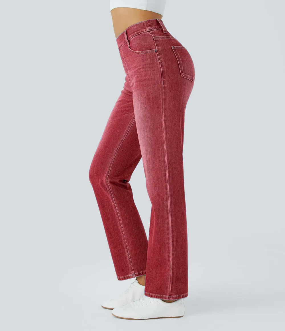 High Waisted Multiple Pockets Straight Leg Washed Stretchy Knit Casual Jeans