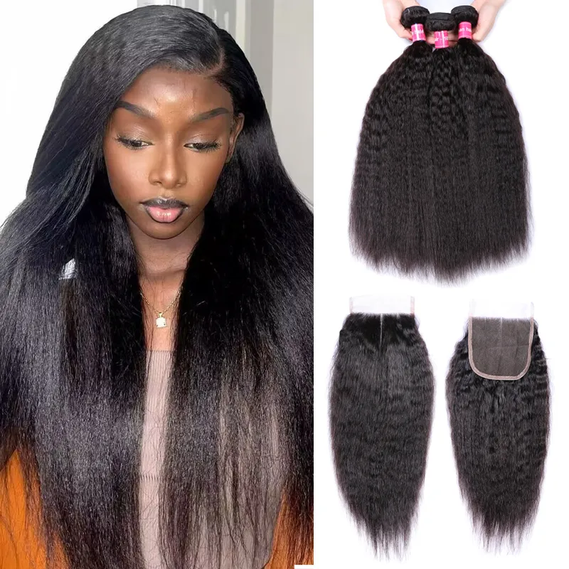 Sterly Kinky Straight Hair 3 Bundles with 4×4 Lace Closure Human Hair Natural Color