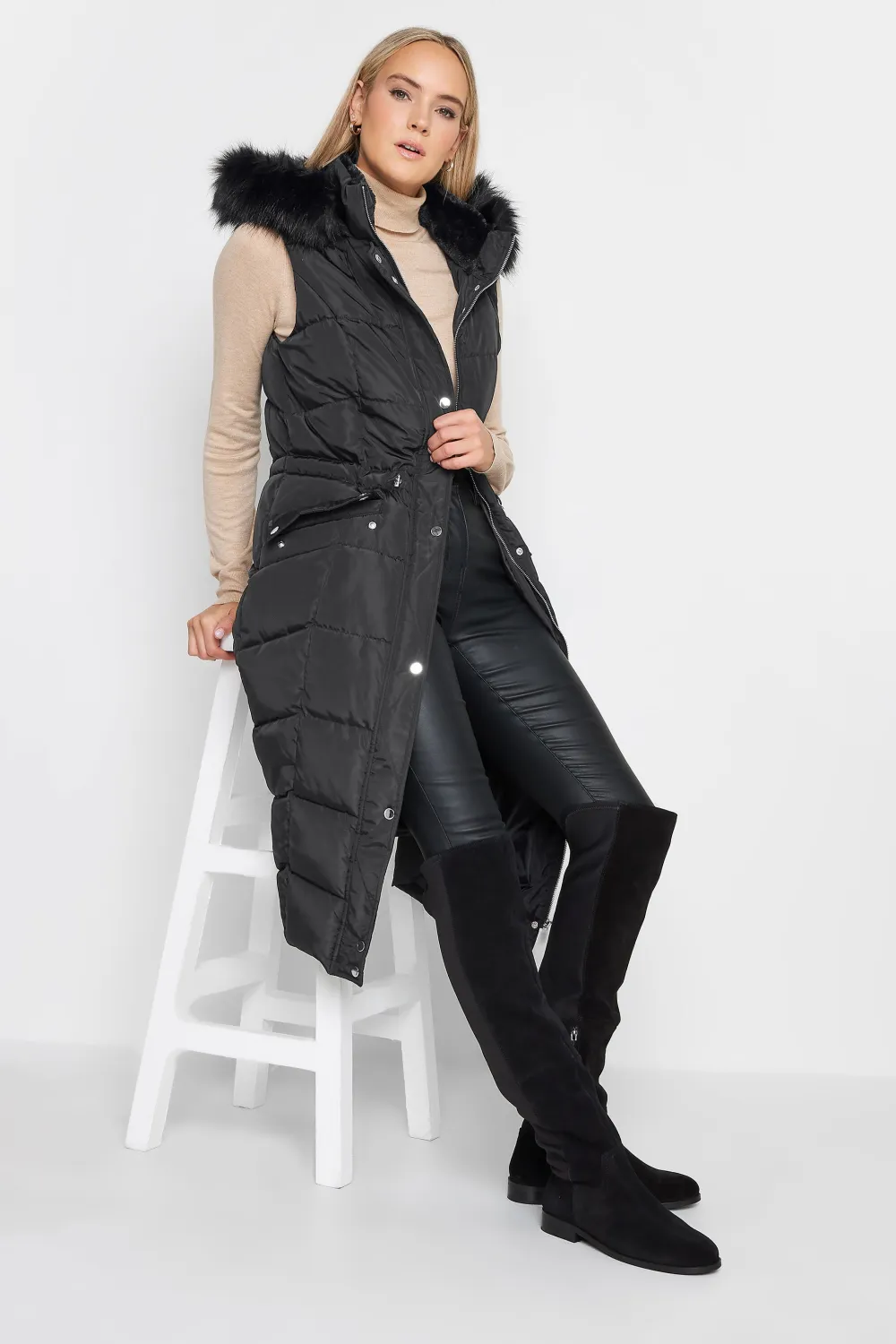 LTS Tall Black Faux Fur Trim Hooded Midi Gilet