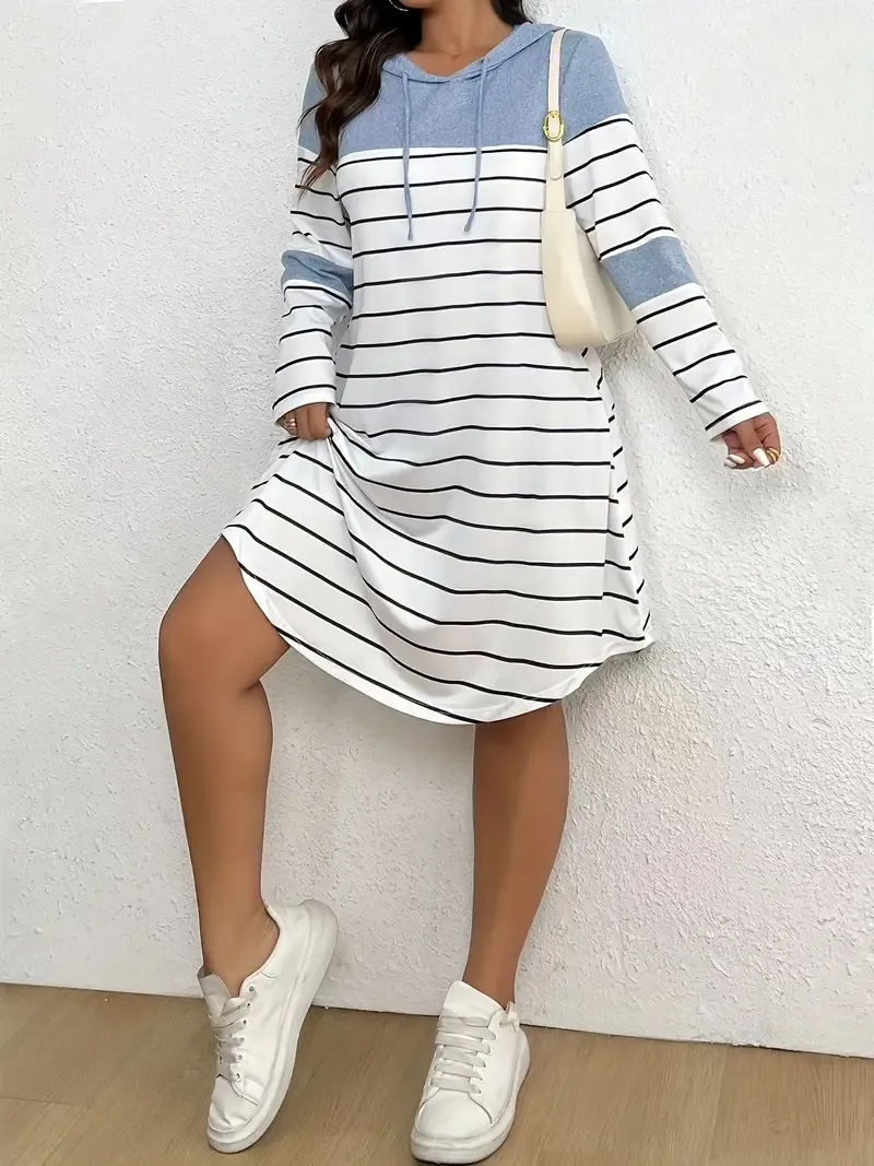 Plus Size Striped Drawstring Hooded Dress, Casual Long Sleeve Curved Hem Dress For Spring & Fall, Women's Plus Size Clothing