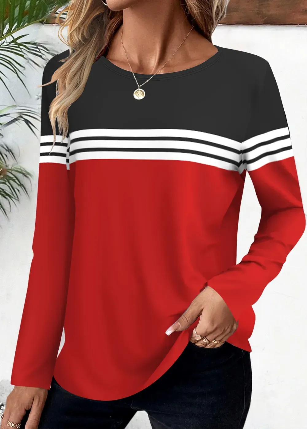Red Striped Long Sleeve Round Neck T Shirt