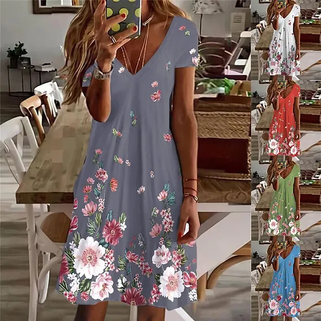 Women's Casual Dress Shift Dress Floral Dress Mini Dress Light Blue White Light Green Short Sleeve Floral Print Summer Spring V Neck Basic 2023 S M L XL 2XL 3XL 4XL