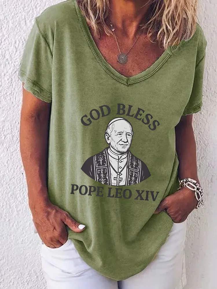 Women'S God Bless Pope Leo Xiv Round-Neck Short-Sleeved T-Shirt