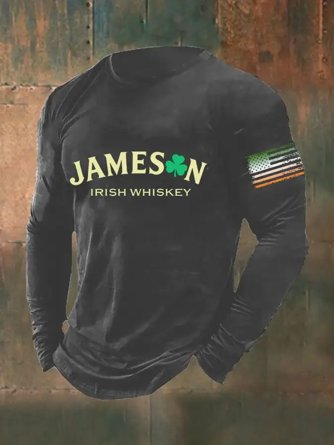 Men's St. Patrick’s Day Jameson Irish Whiskey Print Casual Long Sleeve T-Shirt