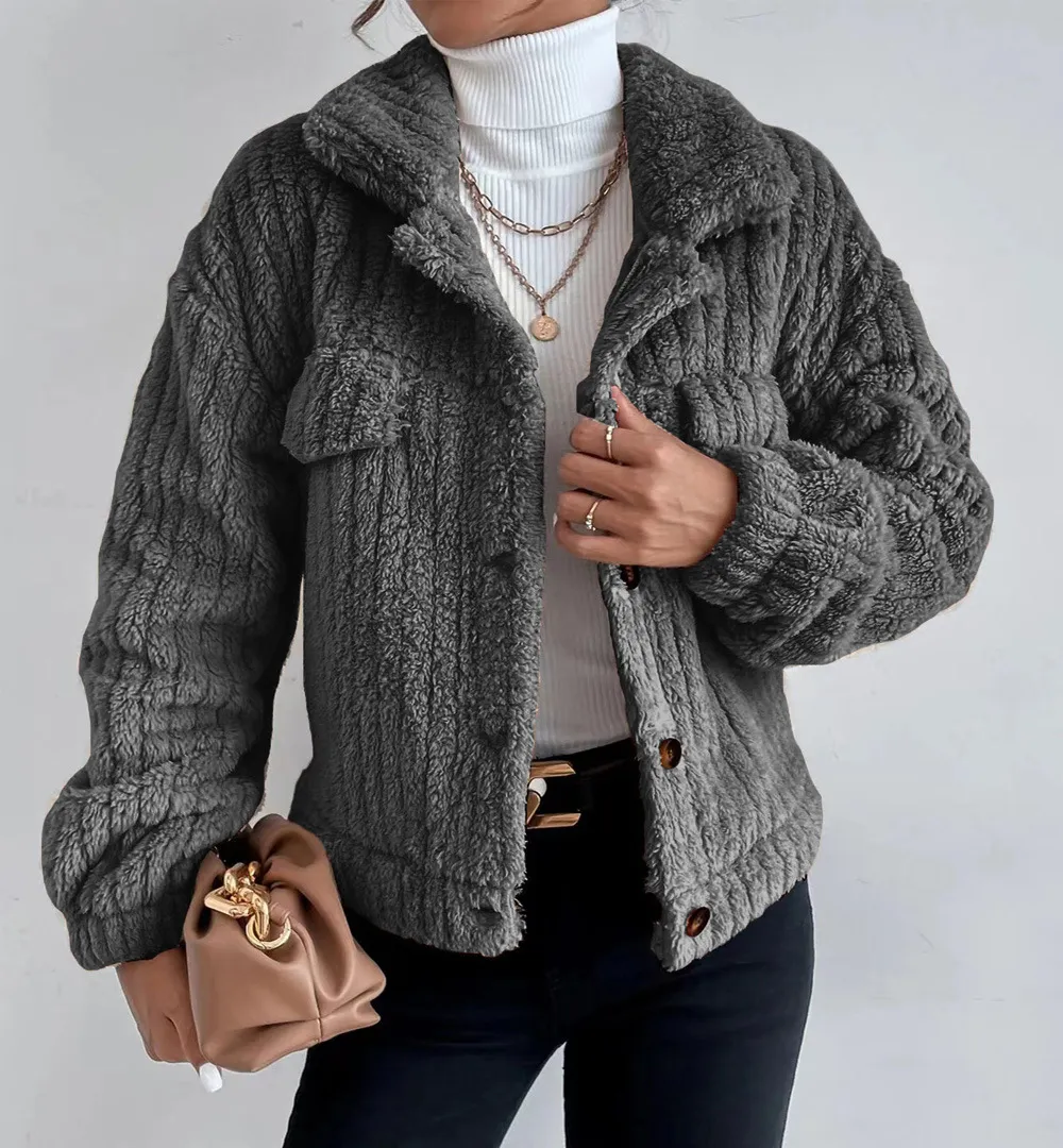 Solid Front Pockets Lapel Plush Coat