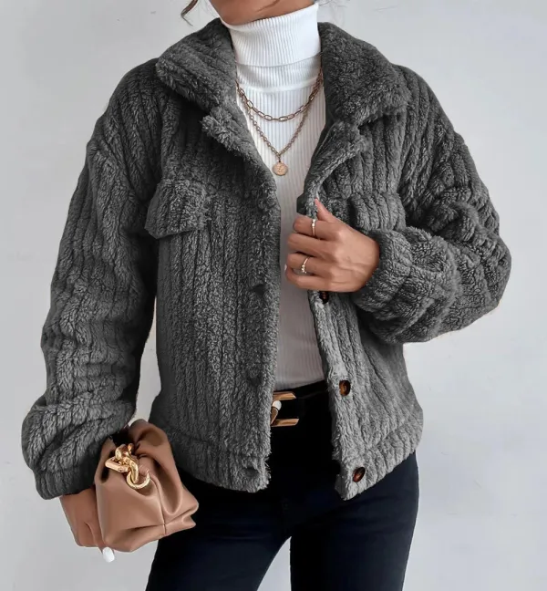 Solid Front Pockets Lapel Plush Coat