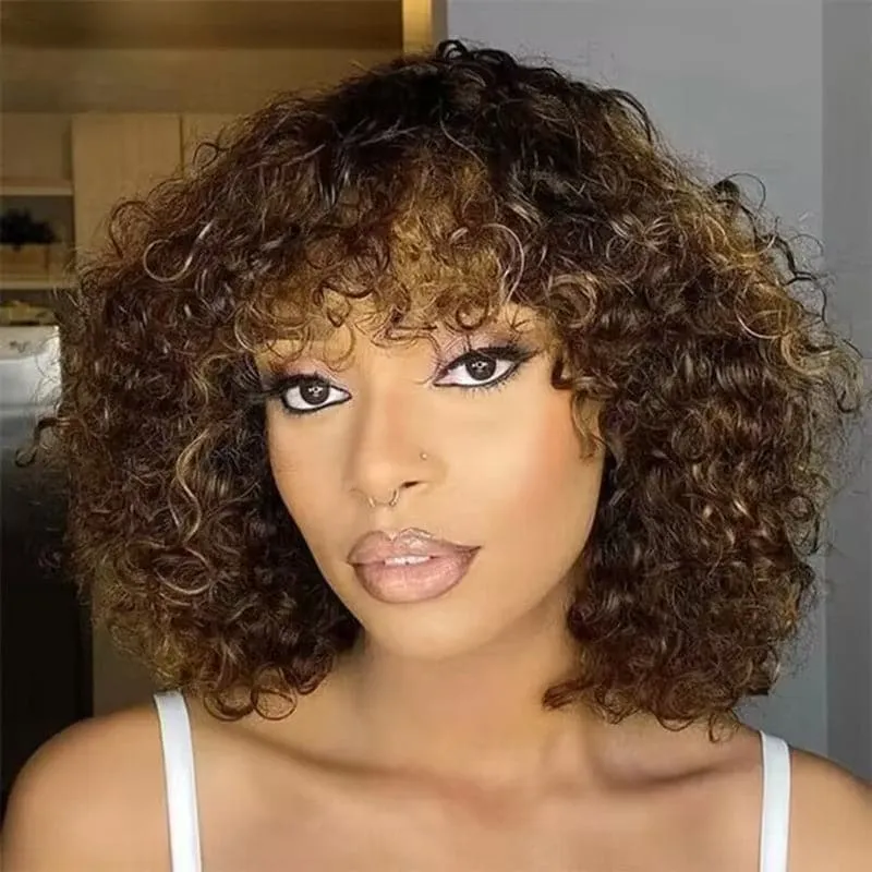 Balayage Highlight Brown Color Water Wave Bob Wig with Bangs Sterly Hair