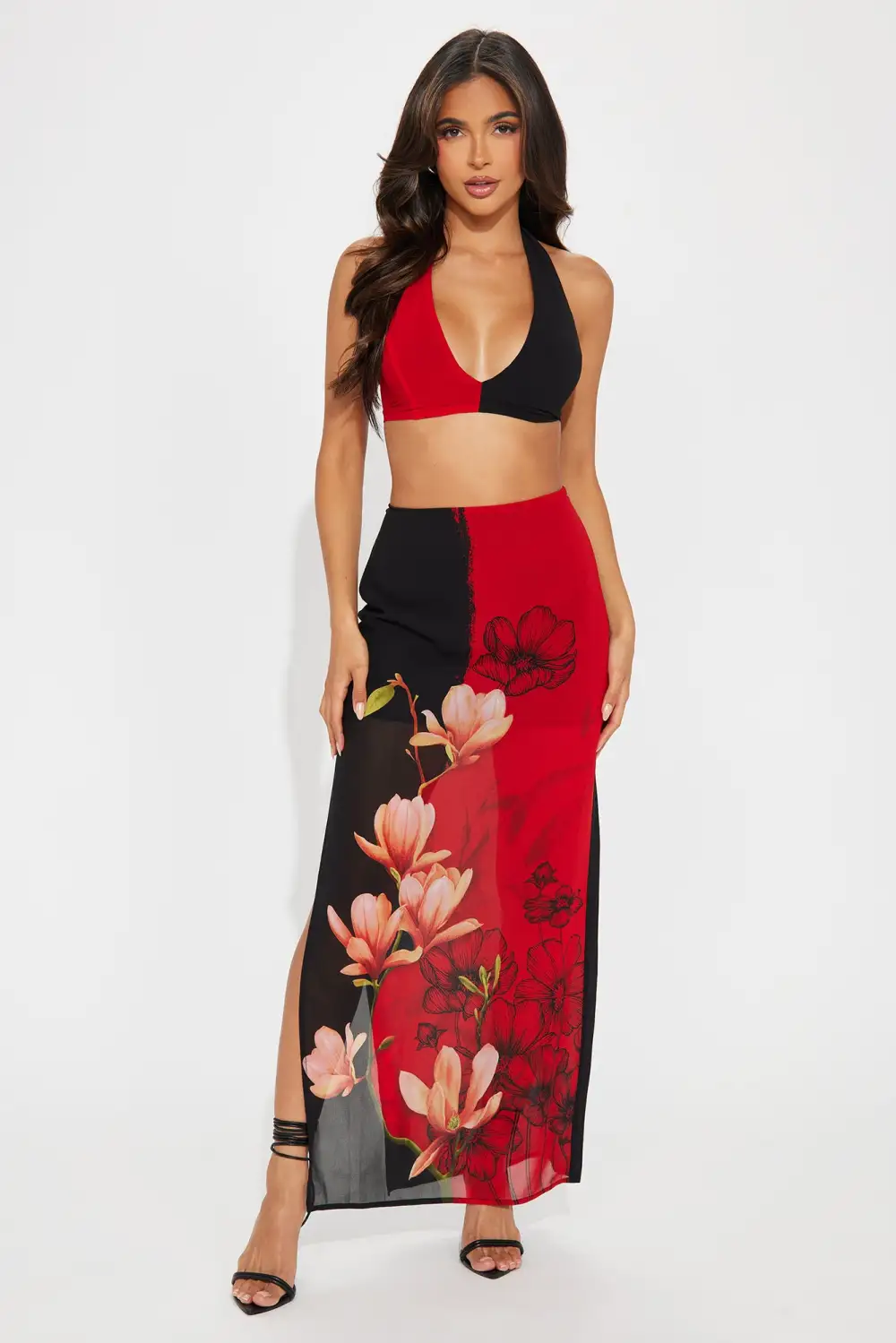 Two Sides Floral Skirt Set - Red/Black