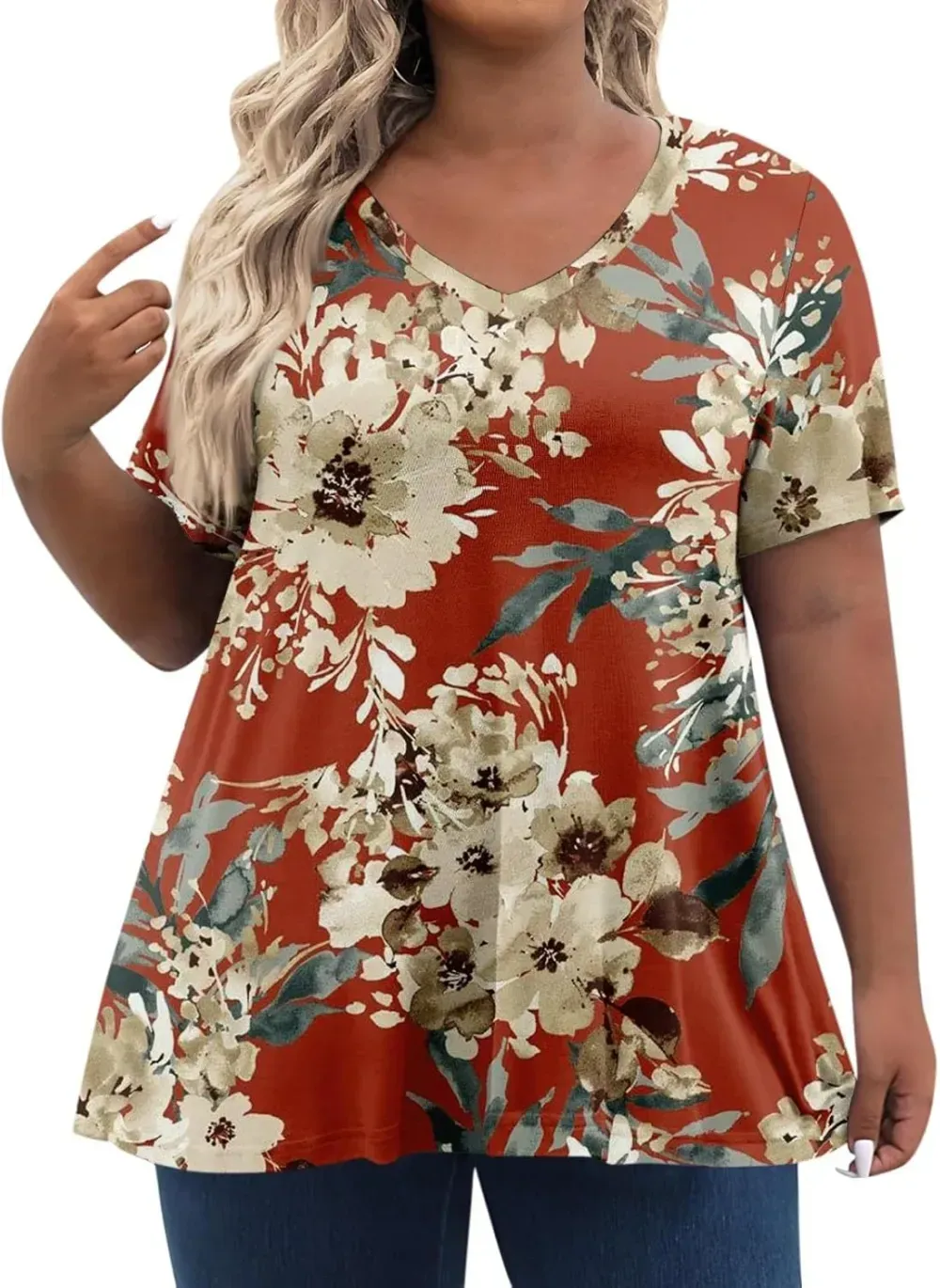 Plus Size Tops for Women Dressy Short Sleeve V Neck Shirts for Women Summer Tops for Women 2024 Floral Print Top