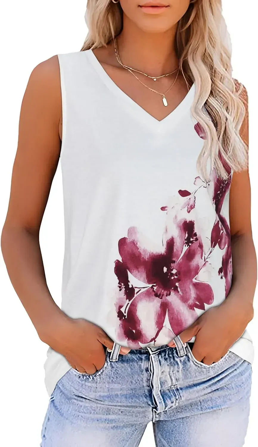 Summer Tops for Women Sleeveless V Neck Tshirt Loose Fit Casual Tank Tunic Blouse