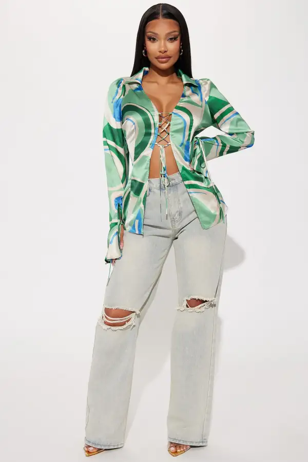 Picture This Satin Blouse Top - Green/combo