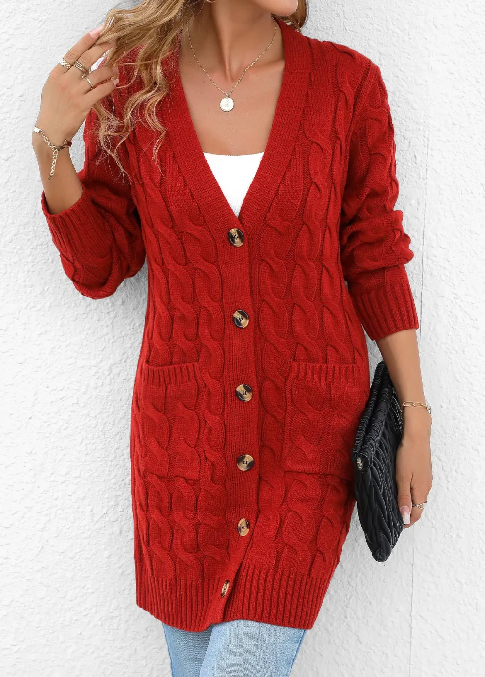 Red Pocket Long Sleeve V Neck Cardigan