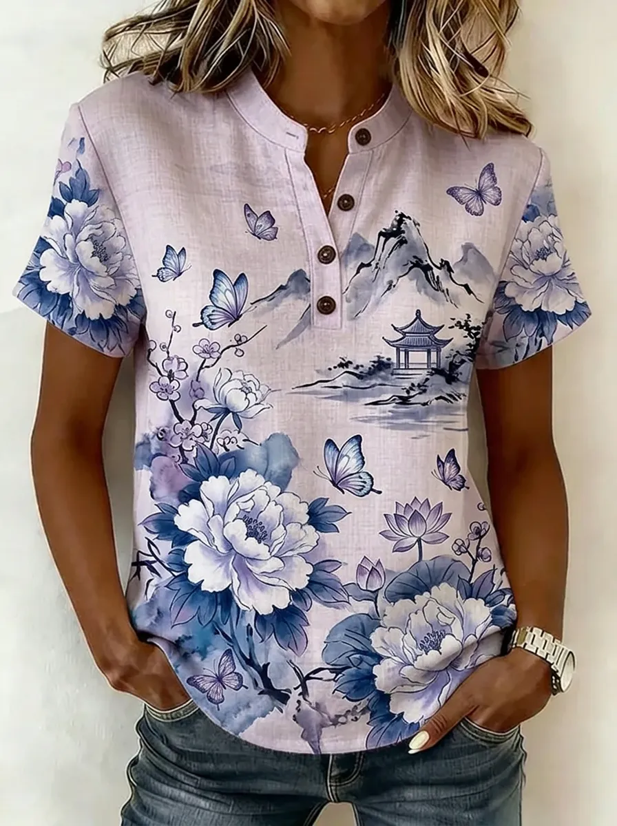 Women's Nashville Floral Butterfly Landscape Printed Henley Shirt