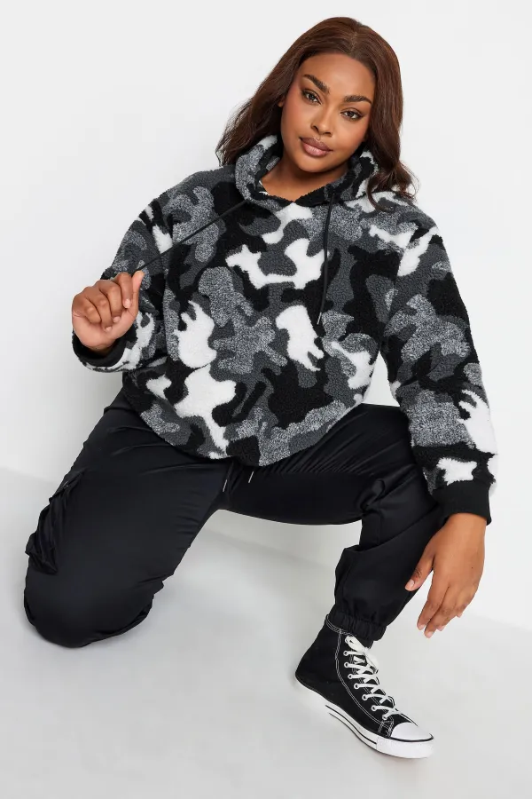 YOURS Curve Black Teddy Cropped Fleece Hoodie