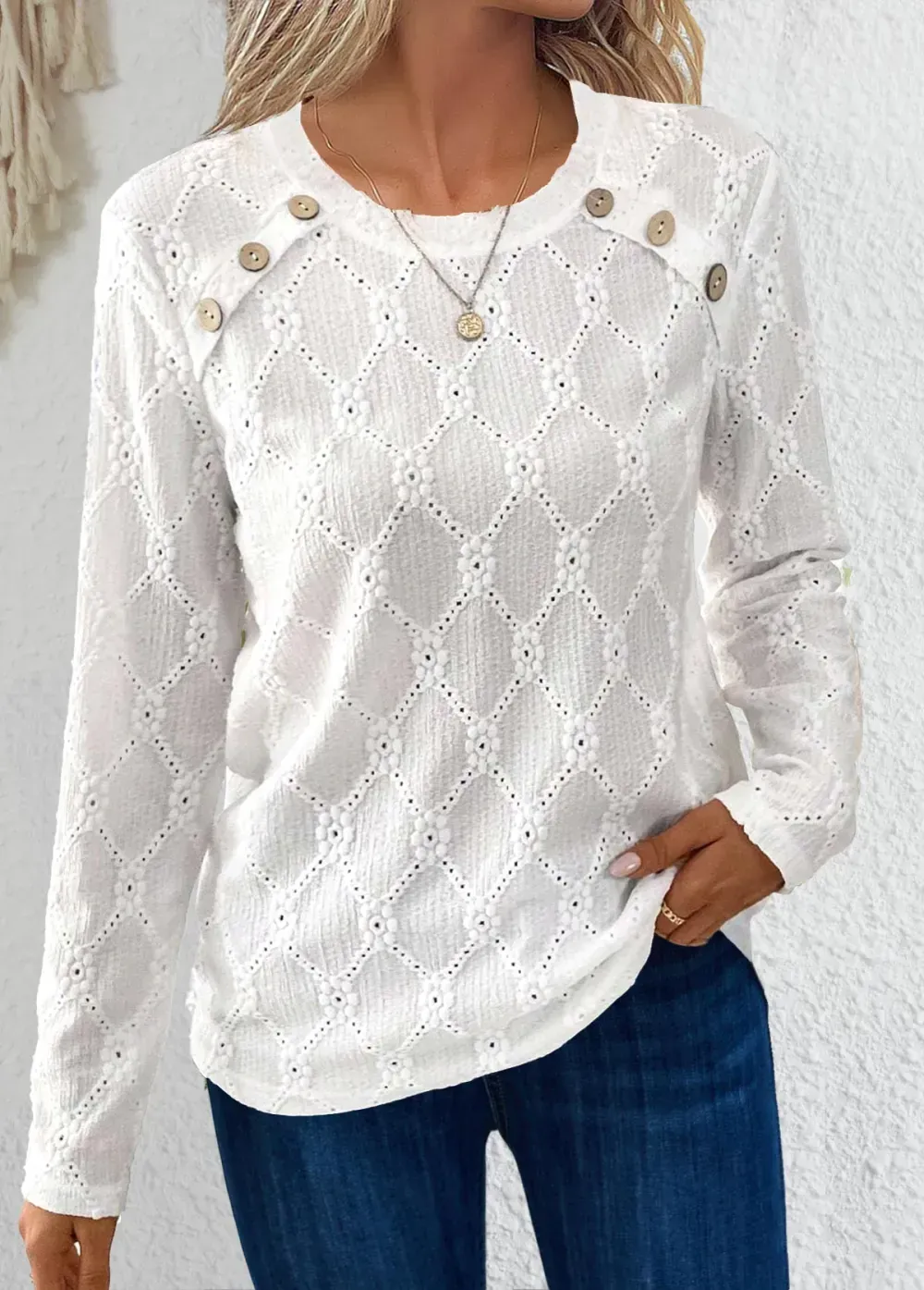 White Button Long Sleeve Round Neck T Shirt