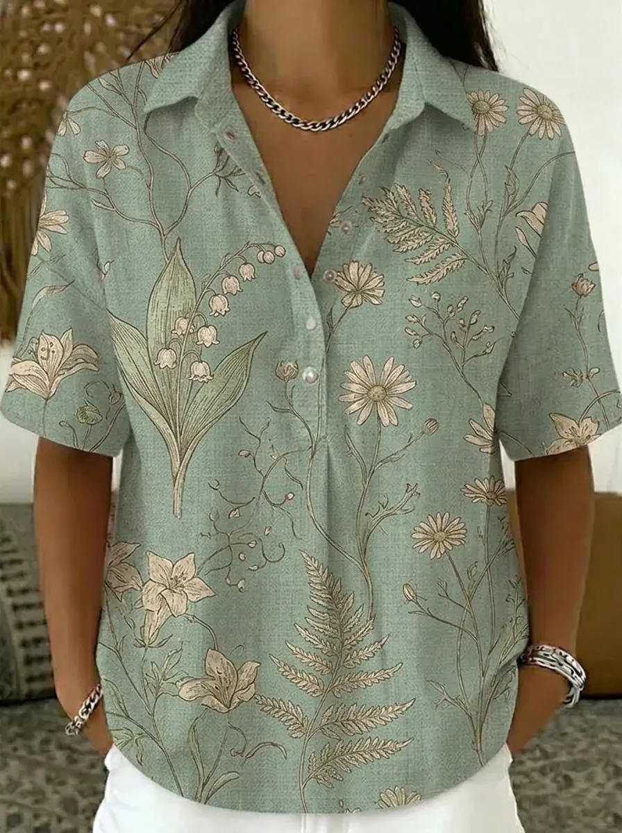 Women's Nashville Botanical Floral Printed V-Neck Shirt