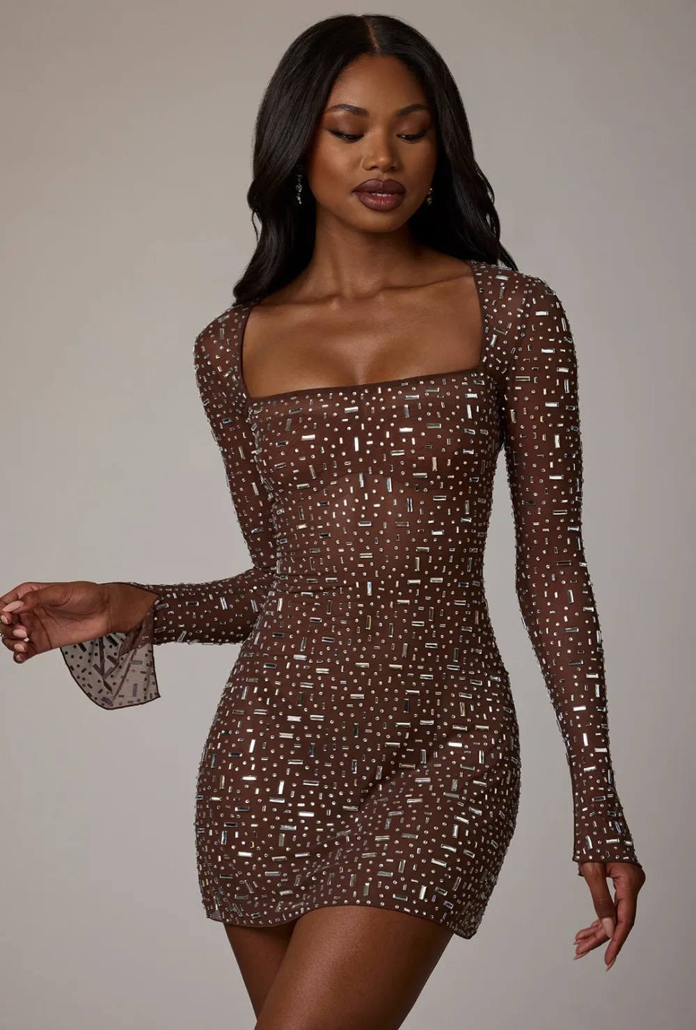 Sheer Embellished Long Sleeve A-Line Mini Dress - Almond