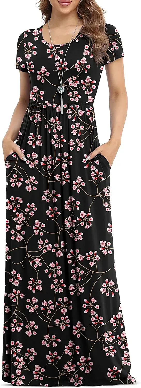 Women's Short Sleeve Loose Plain Maxi Dresses Casual Long Dresses with Pockets