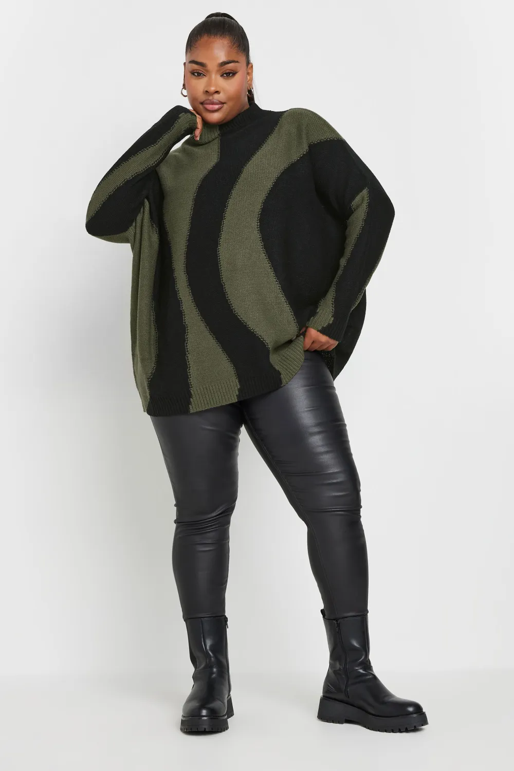 YOURS Curve Khaki Green Swirl Oversized Knitted Jumper