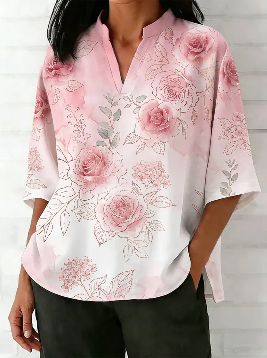 Women's Nashville Floral Rose Printed V-neck Top