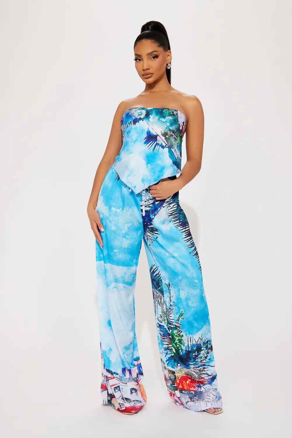 Tropical Babe Satin Pant Set - Blue/combo