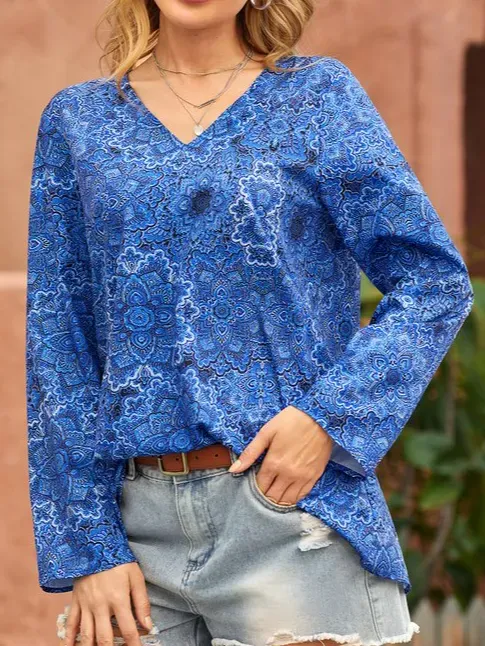 V Neck Floral Vacation Casual T-Shirt/Tee