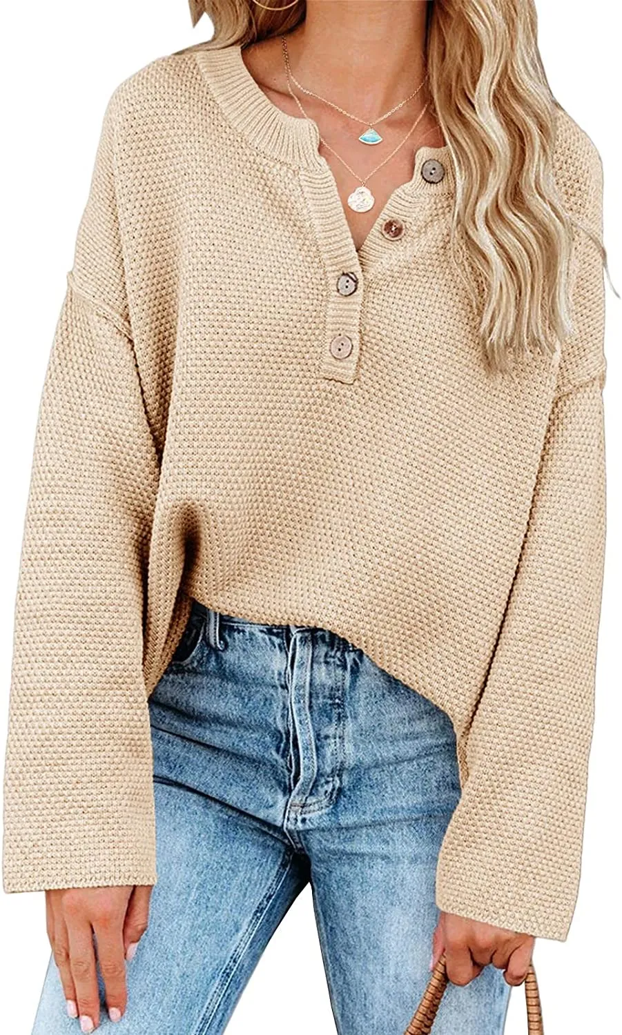 Women's Oversized Sweaters Batwing Long Sleeve Loose V Neck Button Henley Tops Pullover Knit Jumper