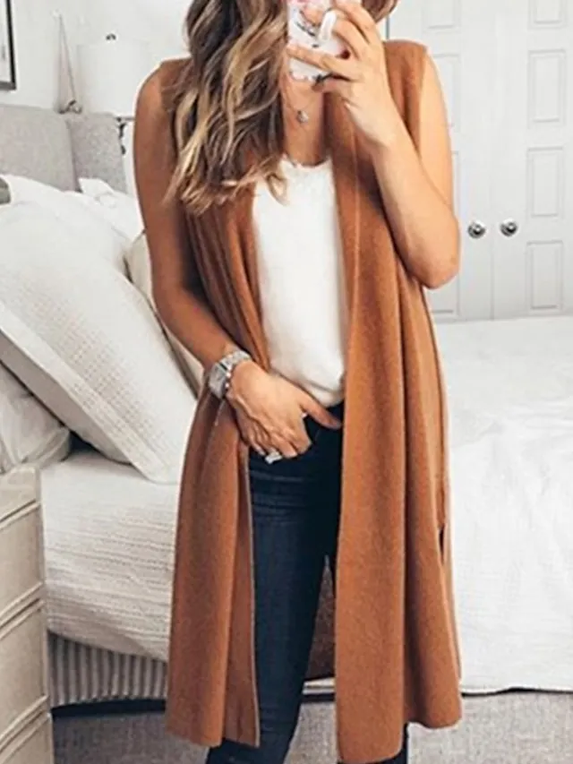 Women's Cardigan Knitted Solid Color Basic Casual Sleeveless Regular Fit  Cardigans Open Front Spring Summer Red Wine Dark Blue Orange / Going out
