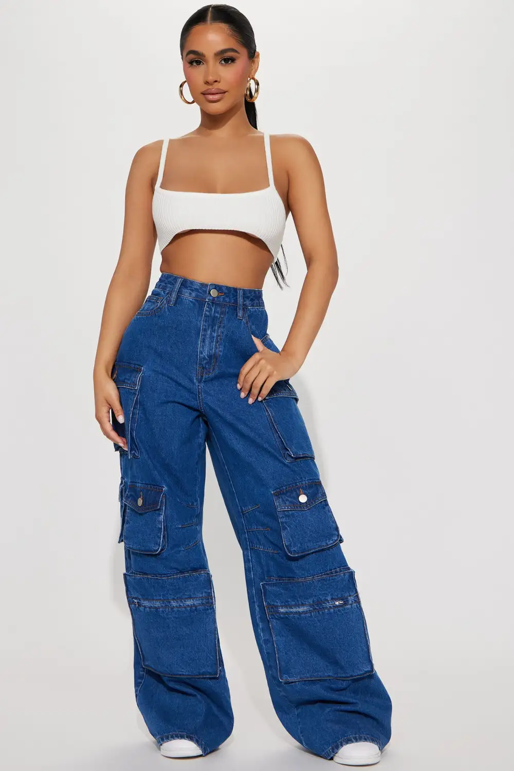 Petite Lily High Rise Cargo Jeans - Medium Blue Wash