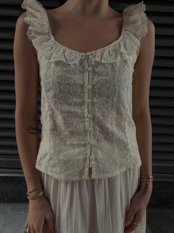 Button Front Eyelet Tank Top