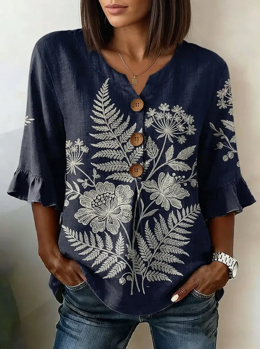 Women's Nashville Botanical Floral Printed V-neck Button-up Top