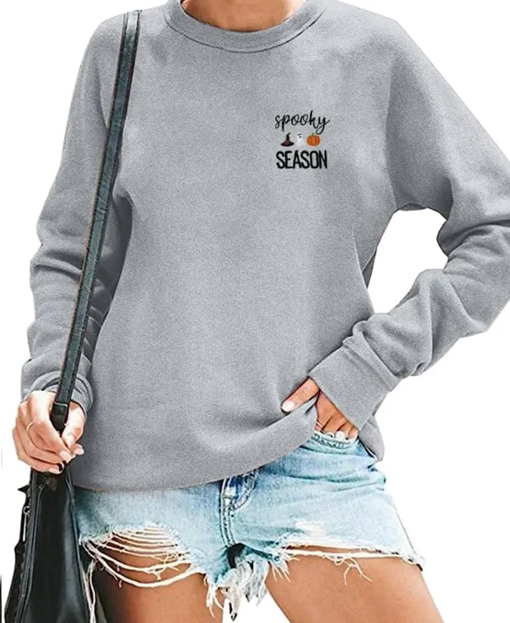 LOTUCY Halloween Sweatshirt Women Cute Spooky Season Sweatshirts Ghost Fall Embroidered Sweater Pullover Top