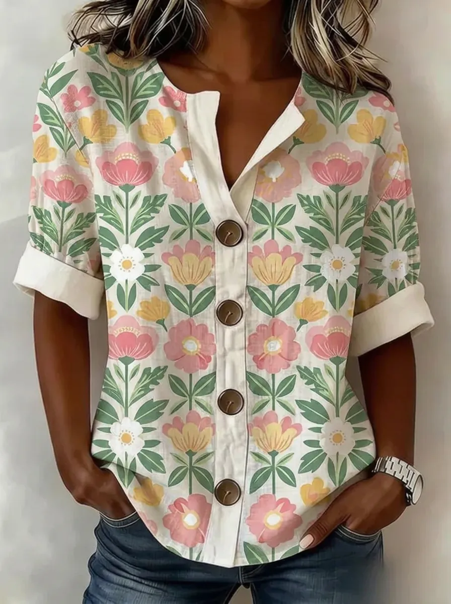 Women's Nashville Floral Botanical Printed Button-Down Top