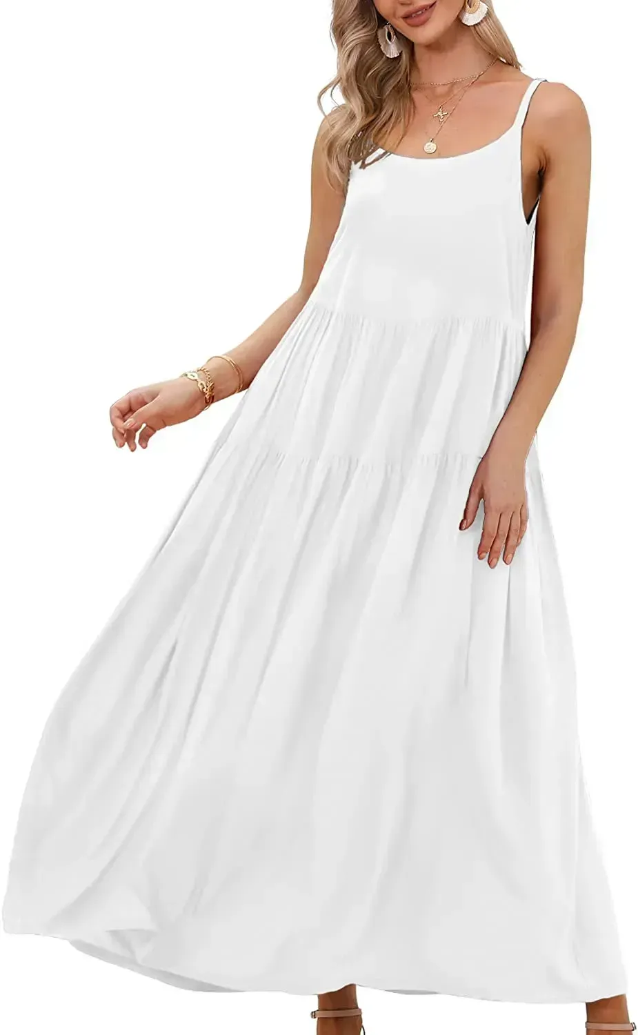 Summer Dresses for Women Casual Loose Bohemian Floral Dress with Pockets Spaghetti Strap Maxi Dress E75