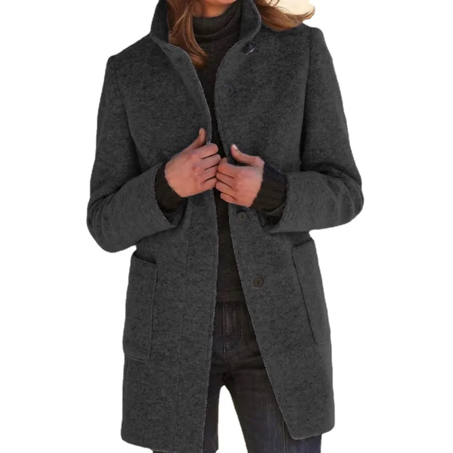 Vintage Solid Button Stand Collar Wool Coat