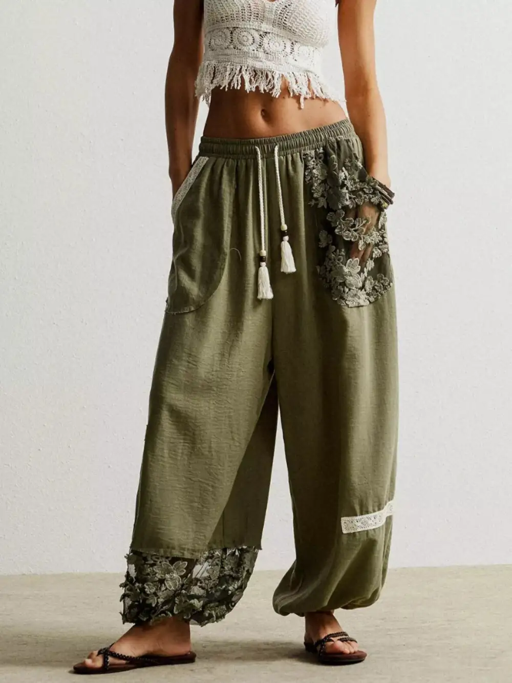 Lace Detail Drawstring Harem Pants