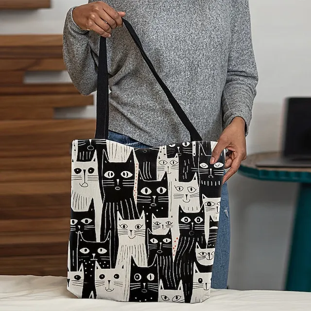 Women's Tote Shoulder Bag Canvas Tote Bag Customize Polyester Shopping Holiday Print Large Capacity Foldable Lightweight Cat Black / White Black / Red Custom Print