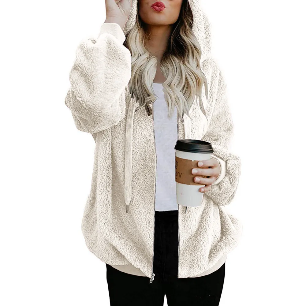 Solid Plush Drawstring Hooded Zip Coat